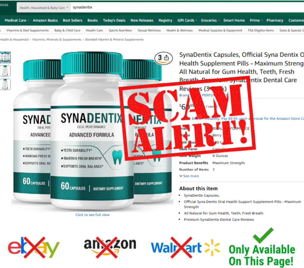 SCAM WARNING: Image of a counterfeit Synadentix product found on Amazon, showing the incorrect green cap and fake label.