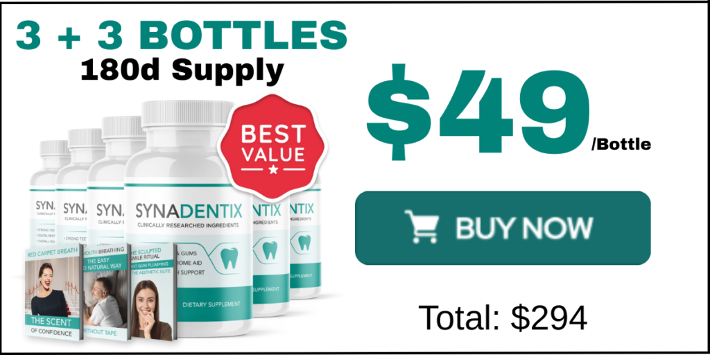 The 6-bottle Best Value Pack of Synadentix (3 + 3 Free), providing a 180-day supply with the biggest discount and free bonuses.