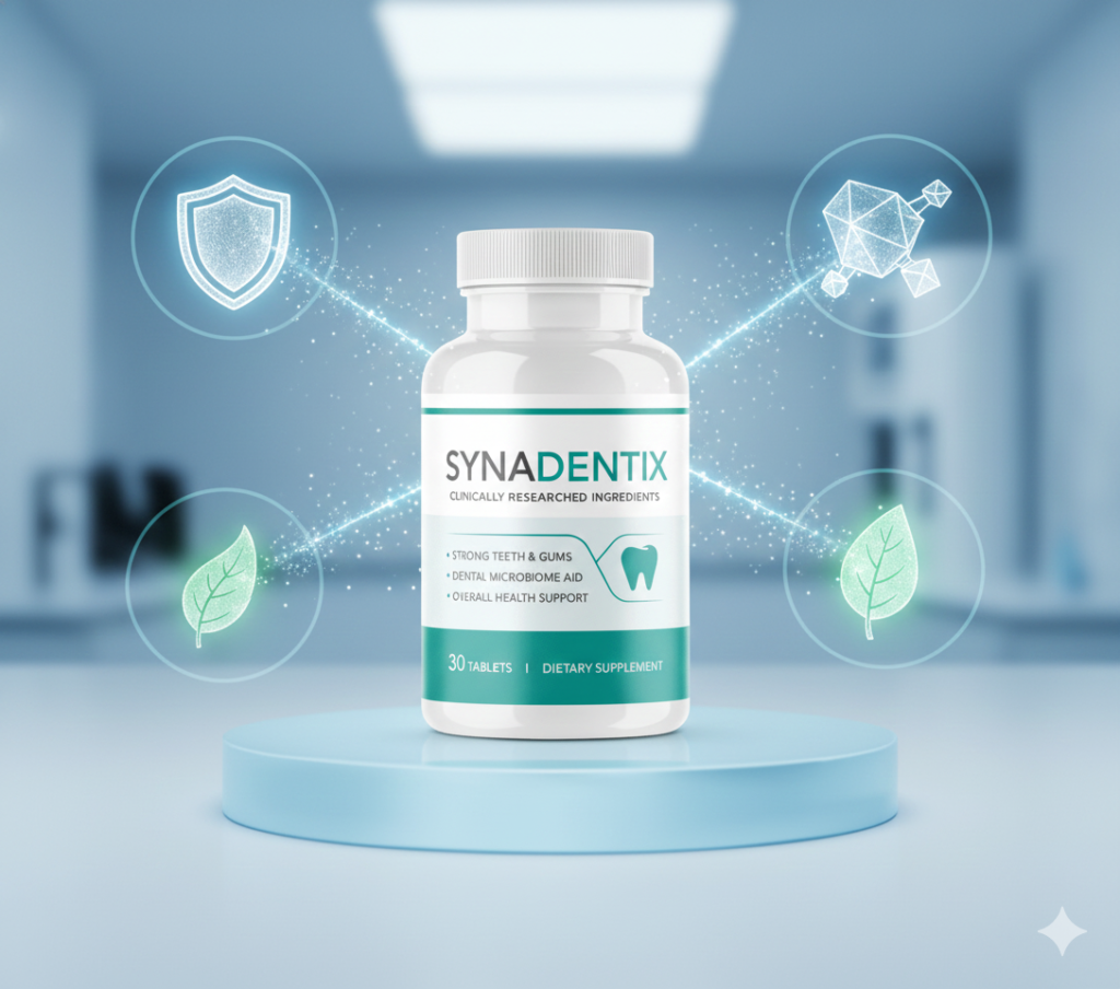 Image illustrating the synergy of Synadentix ingredients, with the product bottle in the center surrounded by glowing icons representing its scientific formula for oral health.