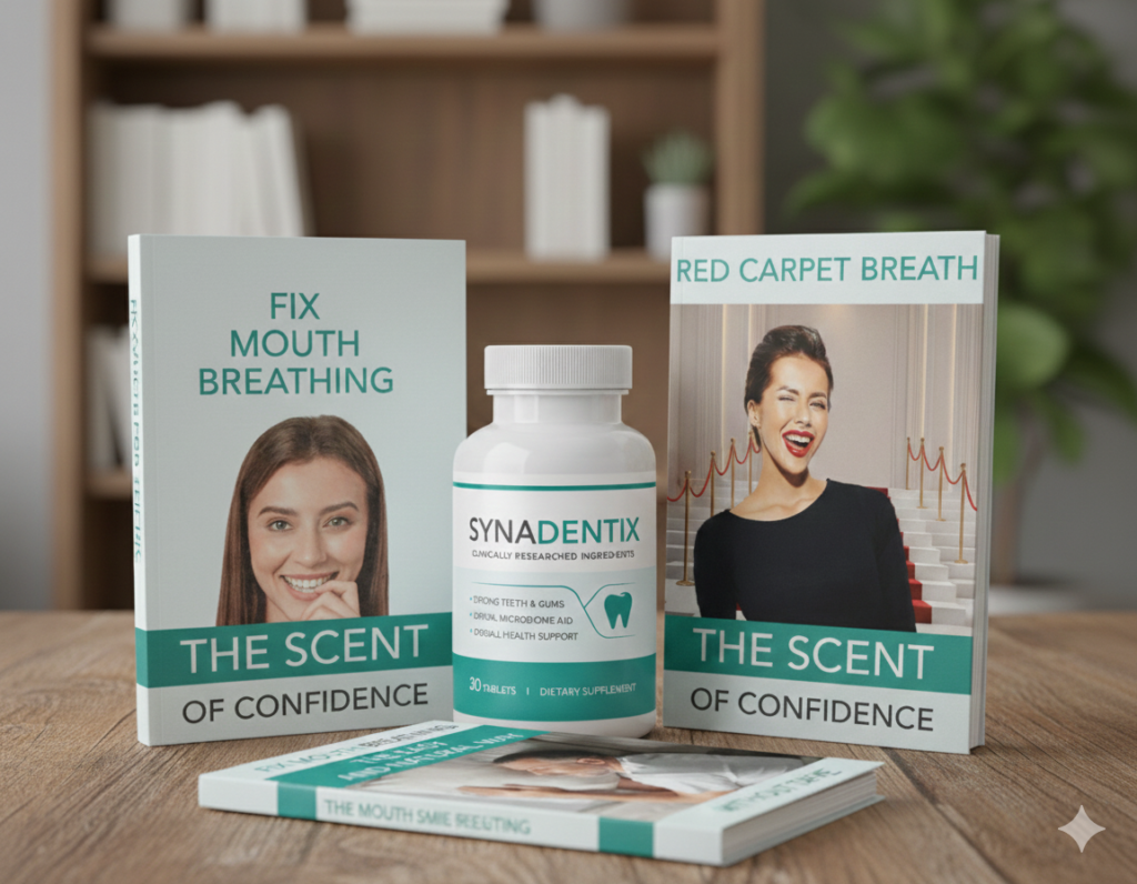 The official Synadentix bottle shown with the 3 exclusive free bonus e-books you receive when ordering from the official website.