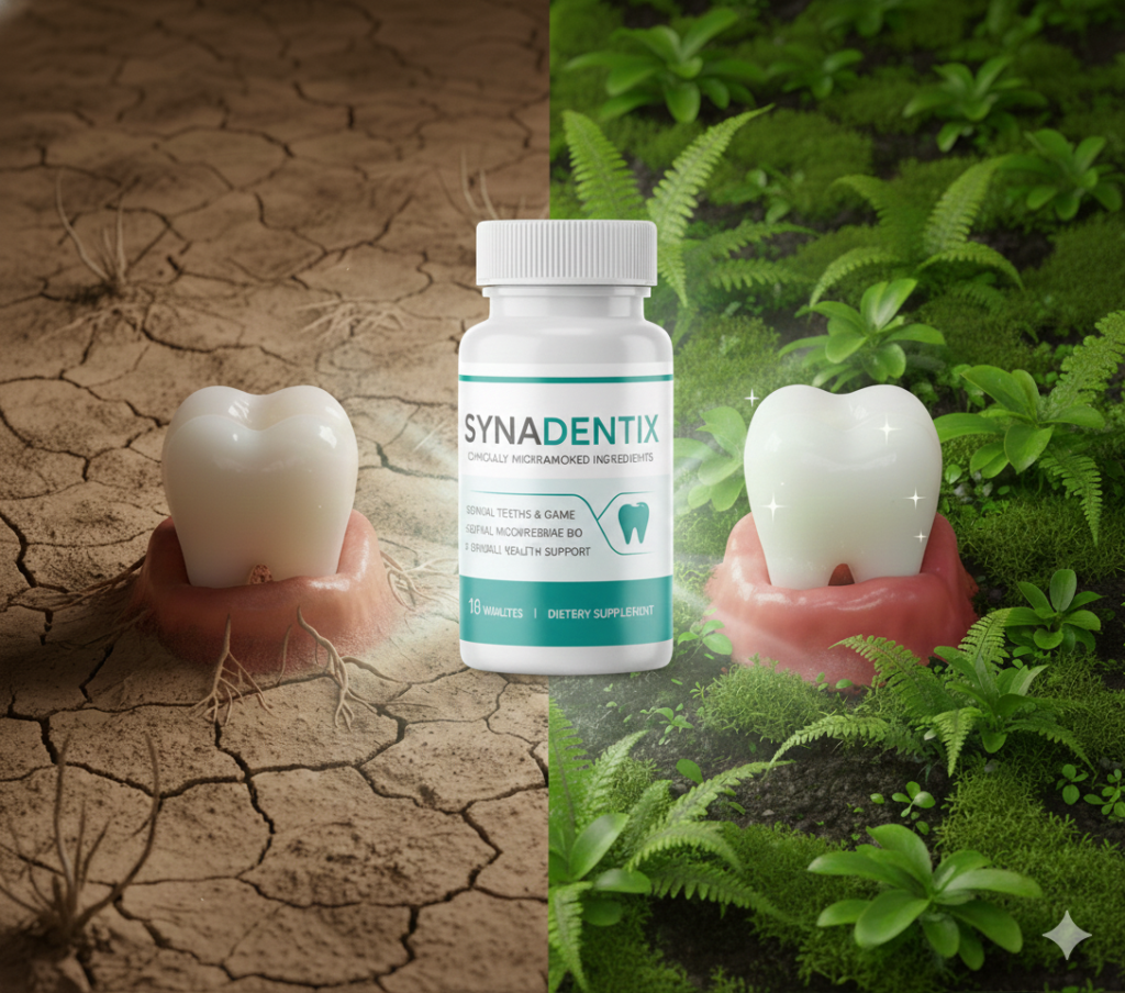 Illustration explaining what Synadentix is: a supplement that creates a protective shield for the oral microbiome to support teeth and gum health.